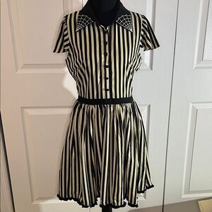 Sourpuss Lydia Black Cream Striped Dress Embroidered Spiderweb Goth Small